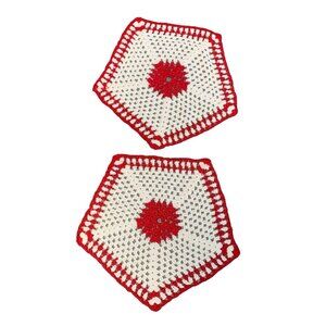 Vintage Handcrafted Red & White Hexagon Crochet Doilies